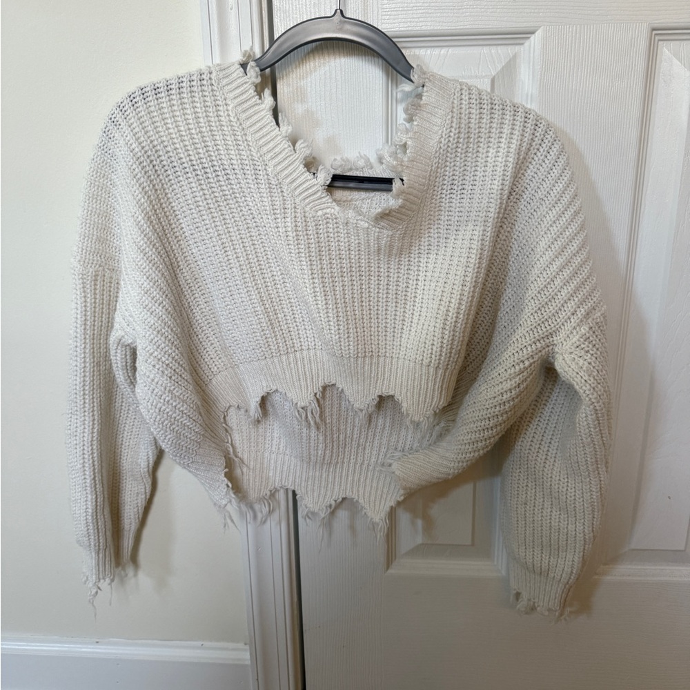Frayed Hem white/cream Sweater